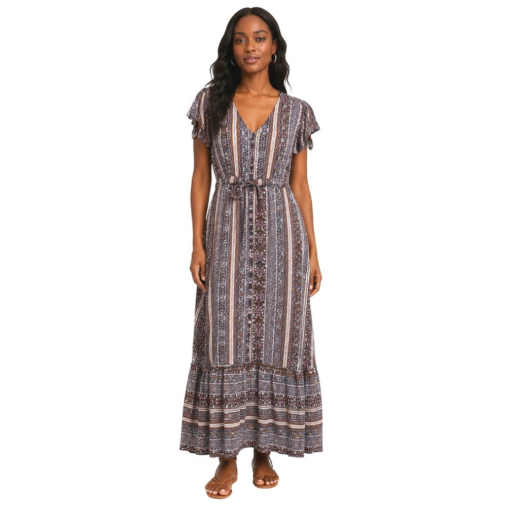 Jaase Boho Mixed Paisley Stripe Button Front Maxi Dress Rust Navy Pink Medium